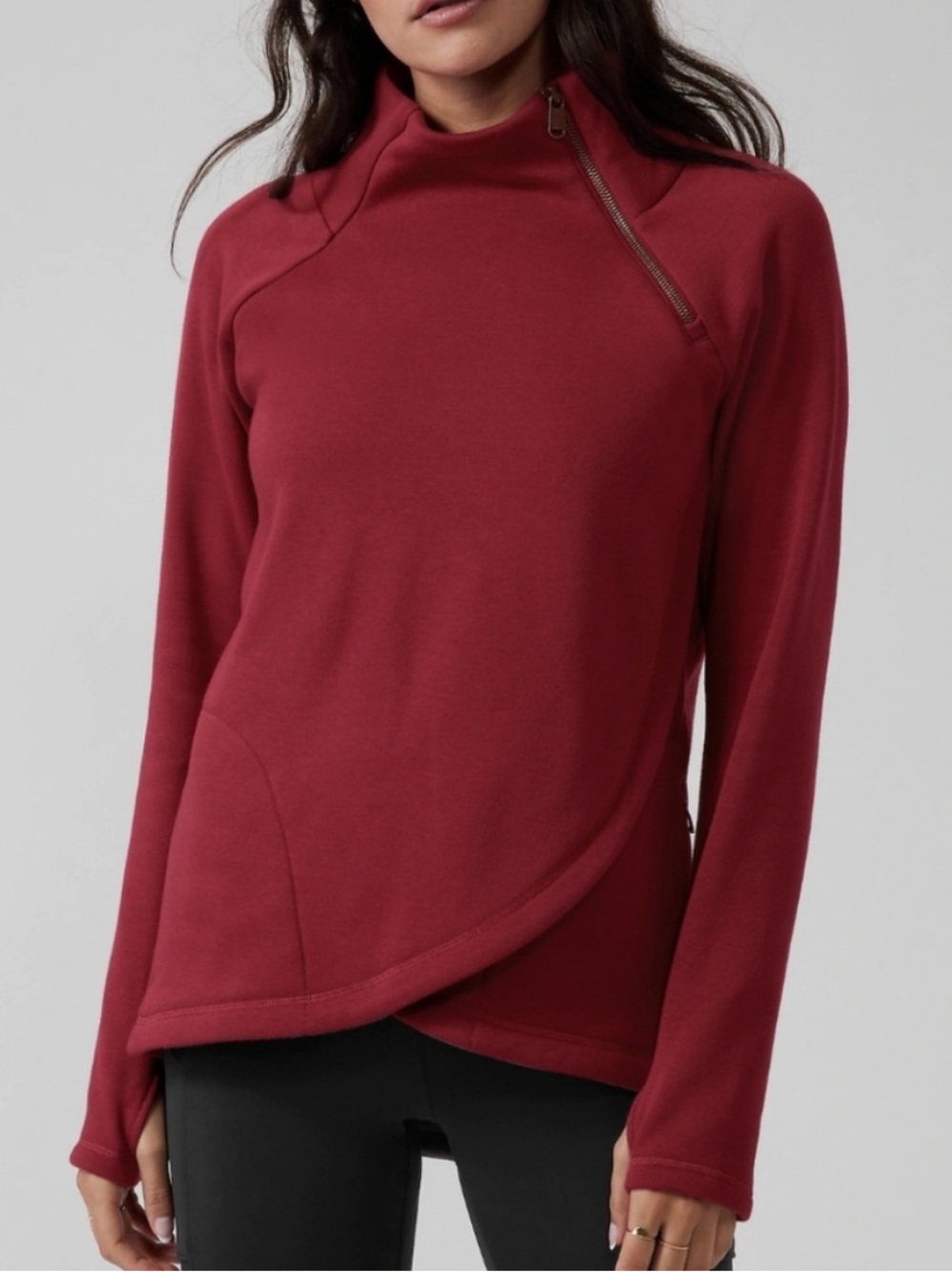 Athleta Cozy Karma ASYM long sleeve Pullover Sweater Small Red Burgandy